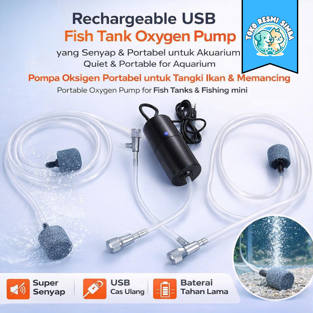 Rechargeable USB Fish Tank Oxygen Pump – Aerator yang Senyap & Portabel untuk Akuarium Pompa Oksigen