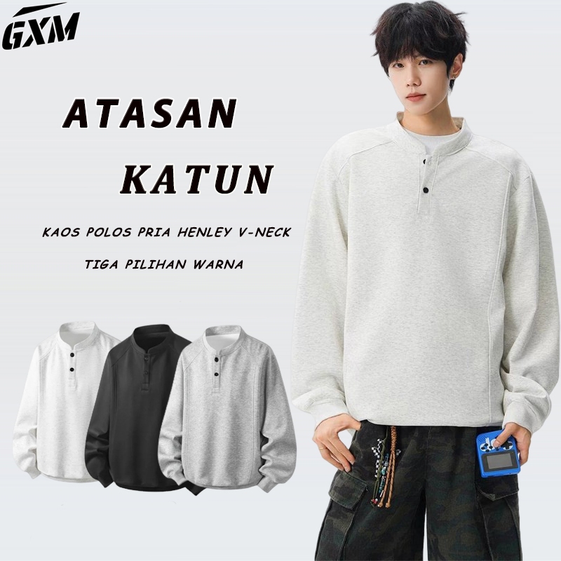 GXM Kaos Polos Pria Henley V-Neck lengan panjang Tren Kaos Kancing Pria Henley Lengan Panjang Premiu