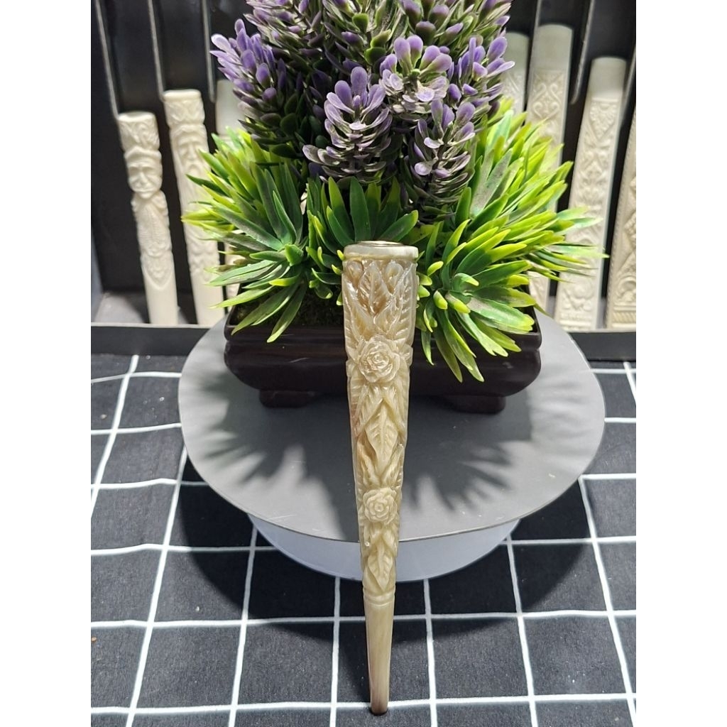 pipa once tanduk kerbau bule original, ukir naga bunga mawar, super premium, unik dan menarik