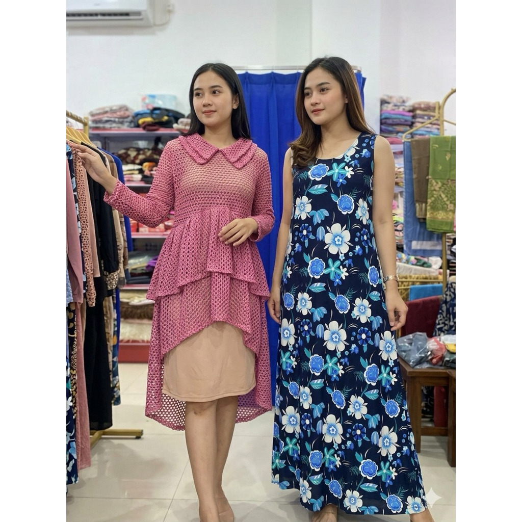 PL dp6 long dress ld120,ping transparan lengan panjang,dress biru bunga lengan kensi