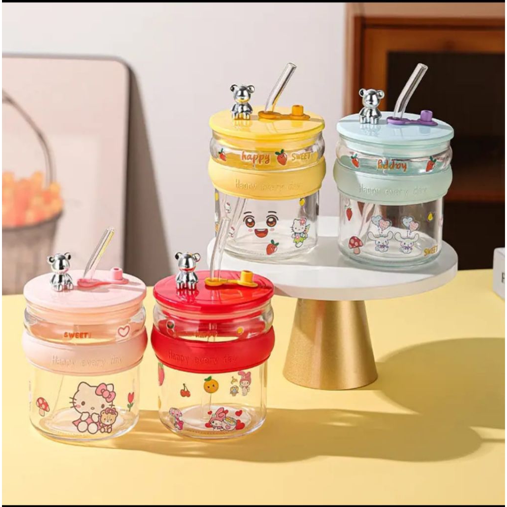 GELAS MINUM KACA DENGAN SEDOTAN FREE STIKER LUCU