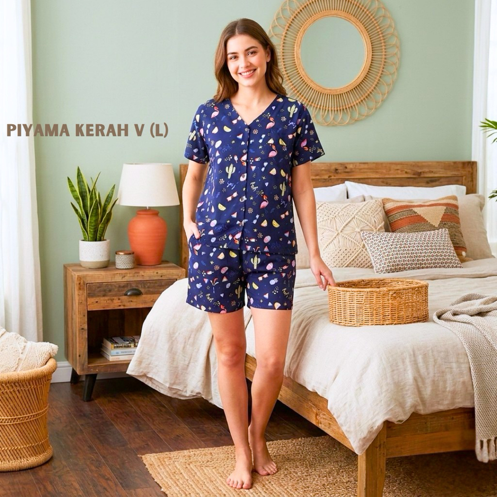 COLOURINAJA Piyama Celana Pendek (L) - Piyama Wanita - Piyama Kerah V - Piyama Rayon