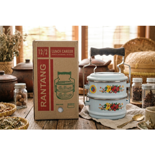 Rantang Enamel 12cm 2 Susun Putih Motif Kembang / Food Carrier /lunch carrier