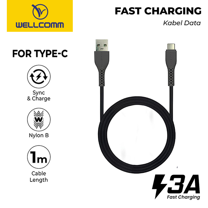 Kabel Data Wellcomm Fast Charging 3A Nylon B Weave Type-C 1M 100cm
