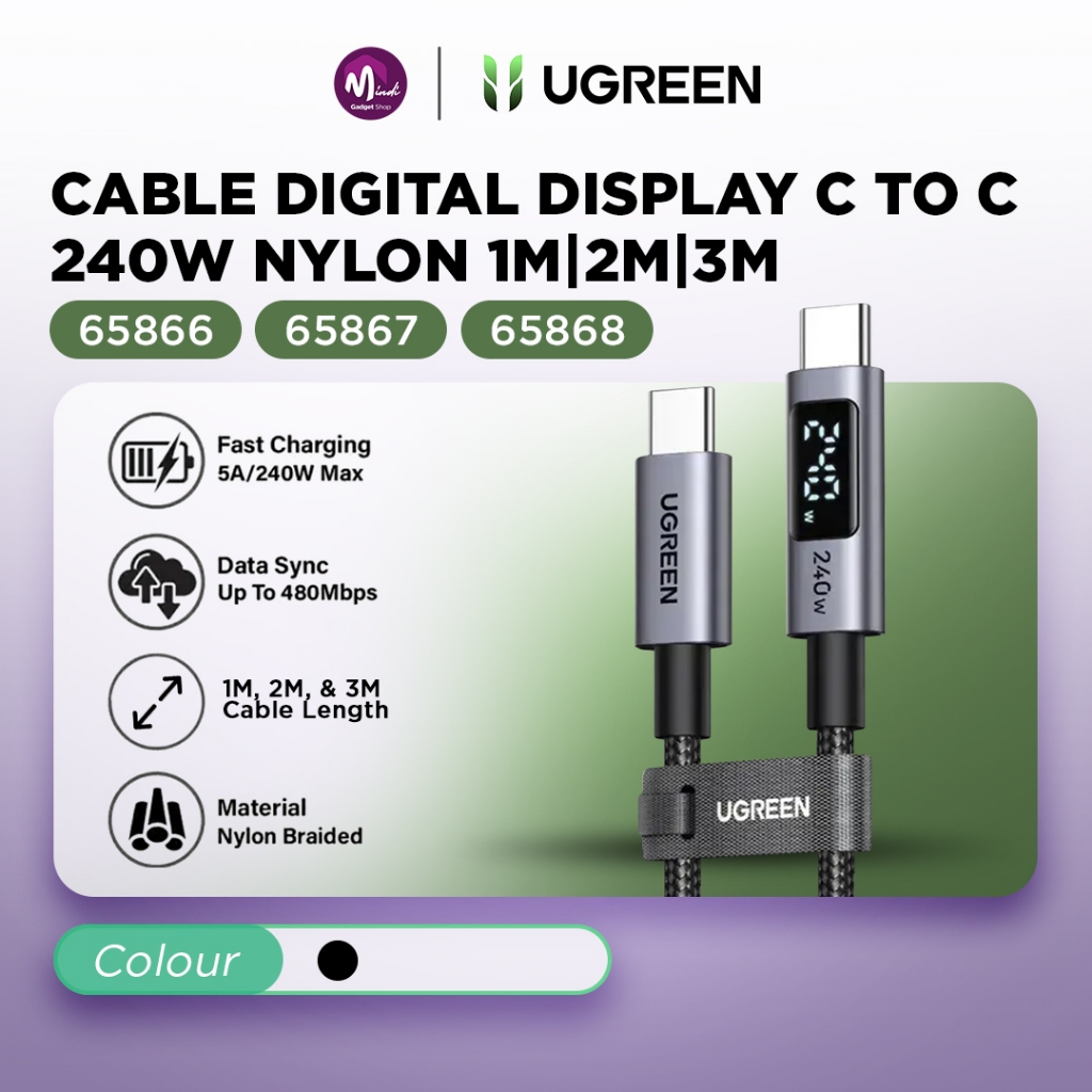 UGREEN Kabel Data PD Type C to Type C Digital Display Fast Charging 240W Max 5A Nylon Braided