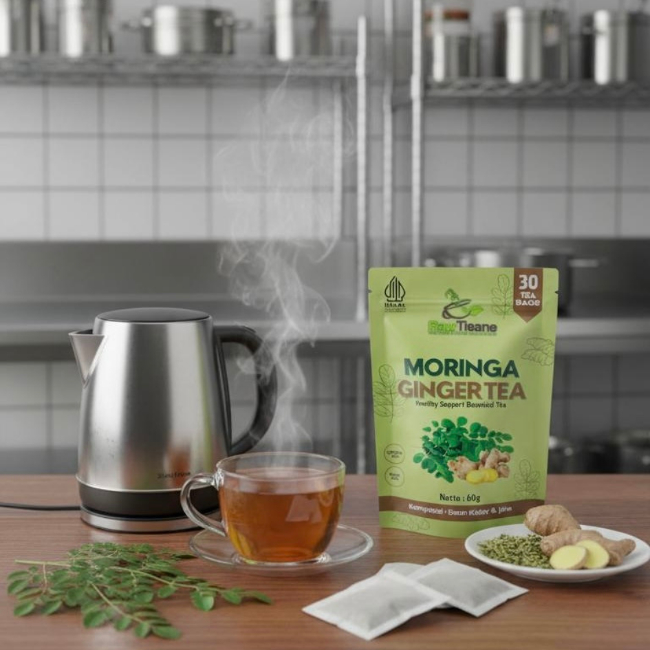 RAW TISANE Teh Daun Kelor Plus Jahe | Moringa Ginger Tea | Kelor Jahe Segar Bugar Isi 30 Kantong