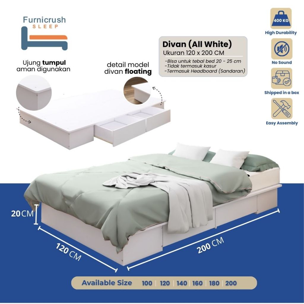 Furnicrush Sleep Dipan Kasur 120 X 200 / Ranjang Tempat Tidur / Divan 120 / Dipan Laci / Divan Doubl
