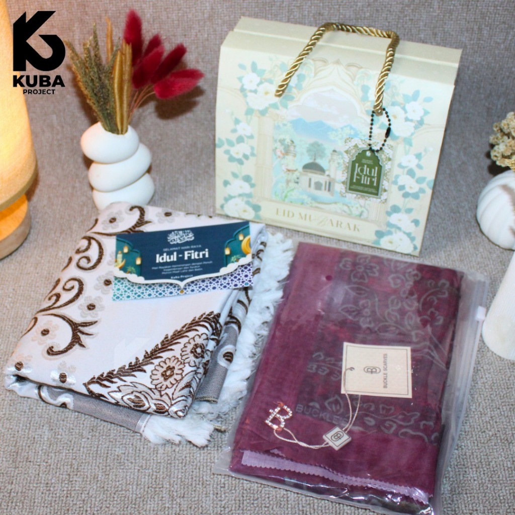 Kuba Project - KHUSUS GOSEND Hampers Idul Fitri Sajadah Turki & Hijab, THR Lebaran Sajadah Katun Mad