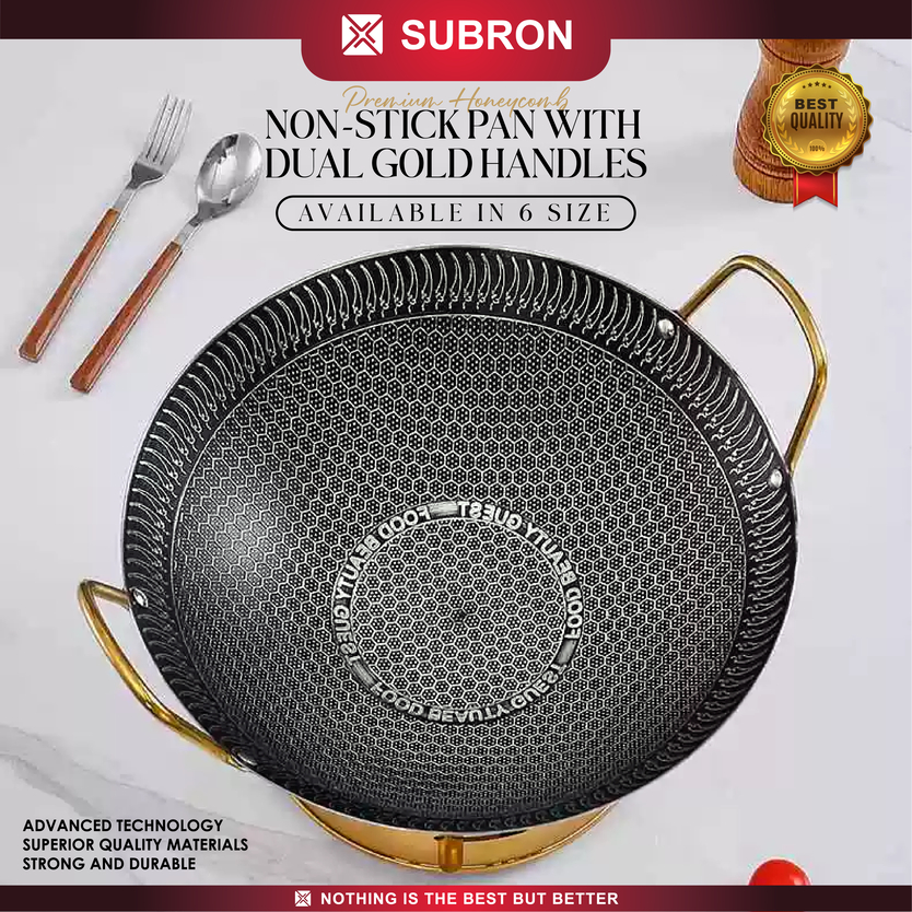 SUBRON Wajan Honeycomb Penggorengan Kuali Wok Stainless Corak Anti Lengket Handle Gold Premium Quali