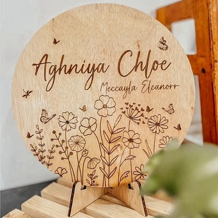 Papan nama easthetic | papan nama kayu motif bunga | papan kayu custom