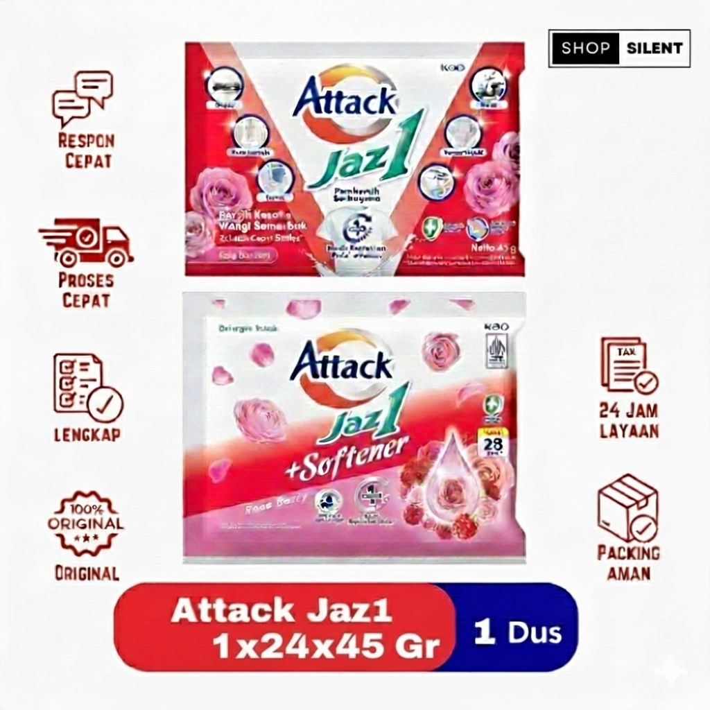 Deterjen Bubuk Attack Jazz 1 Dus Isi  24 Renceng - Perontok Noda, Aroma Harum, Praktis
