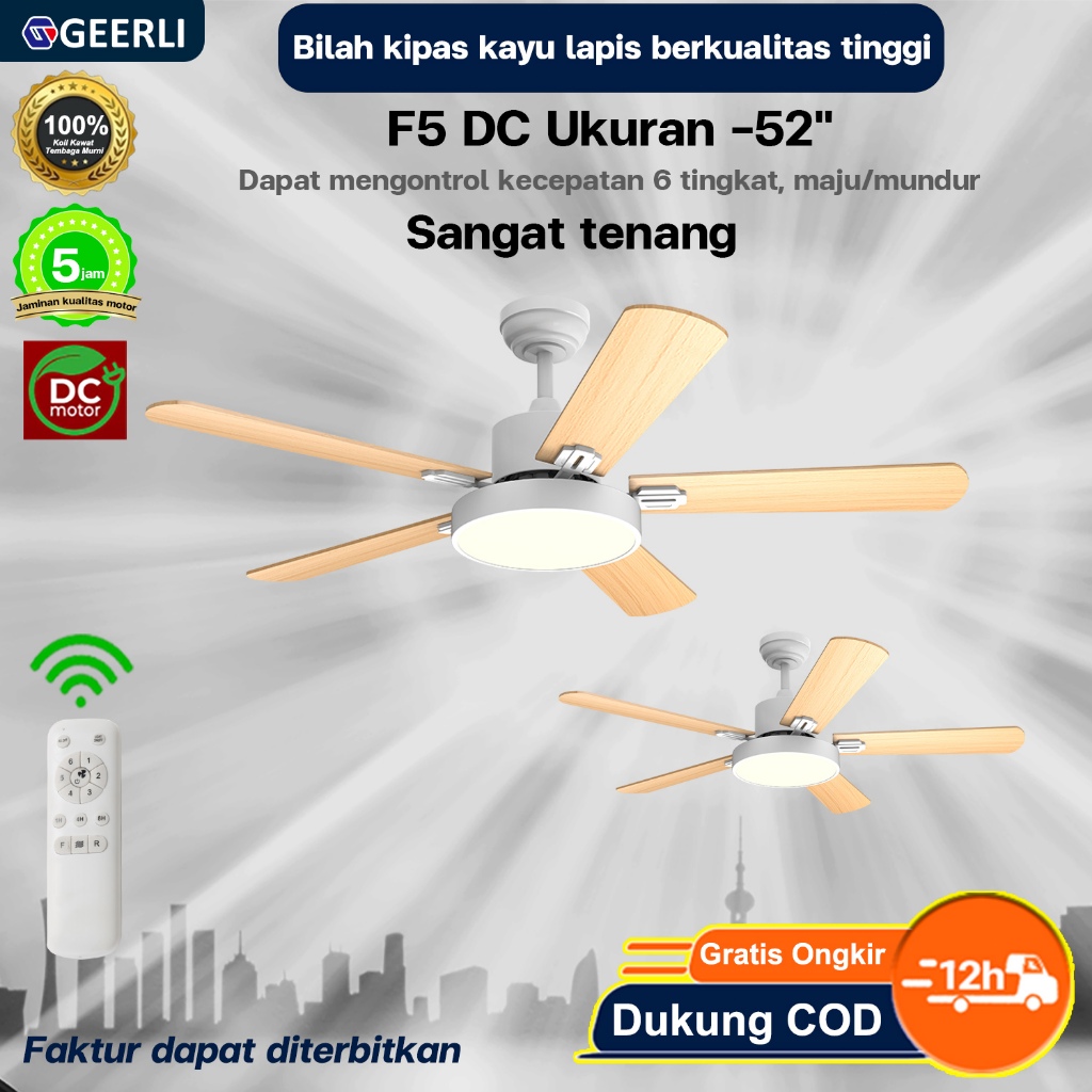 GEERLI Kipas angin gantung lampu 5 bilah 52 inci, dengan remote control, motor DC tembaga murni, 6 k