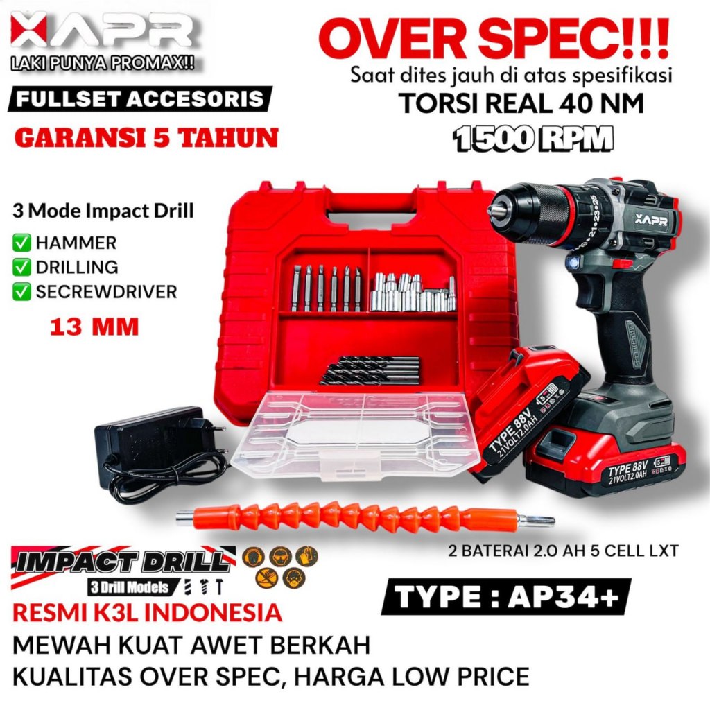 APR JAPAN AP34+ PROMO MESIN BOR BATERAI CORDLES 34V 10MM BOR OBENG BETON KAYU BESI