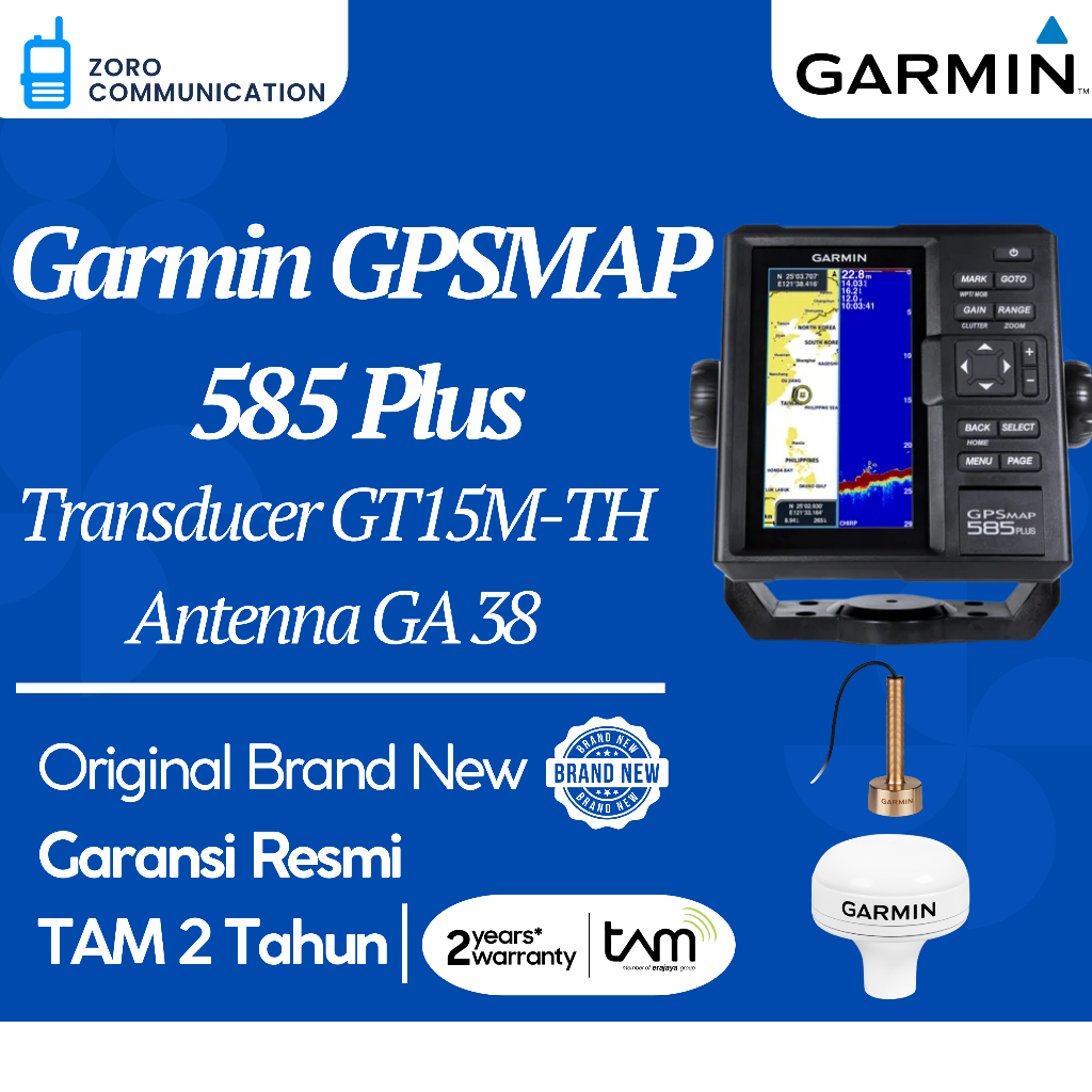 Garmin GPSMAP 585 Plus + Transducer GT15M-TH + Antenna GA 38– Fishfinder & GPS Original Garansi Resm