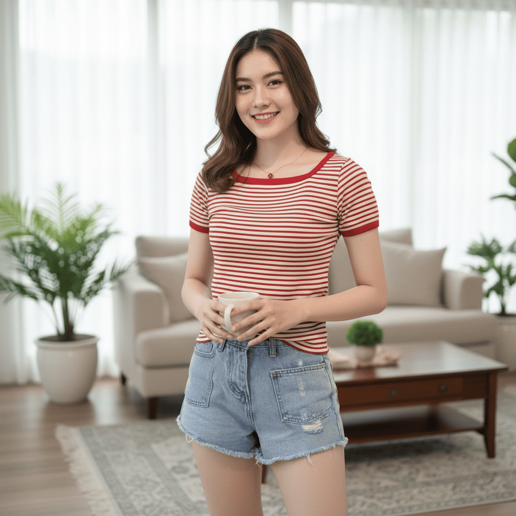 [Hallyu] Atasan Wanita Lengan Pendek Salur | Baju Rajut import | Atasan Croptop Garis Garis | Baju R
