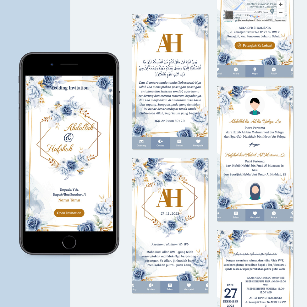 Undangan Nikah Digital Website AESTHETIC blue Bisa Revisi WhatsApp TANPA FOTO