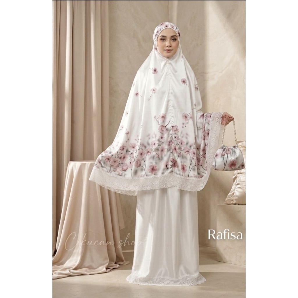 Mukena White Rafisa Silk - Mukena Satin Wanita Dewasa Motif Bunga