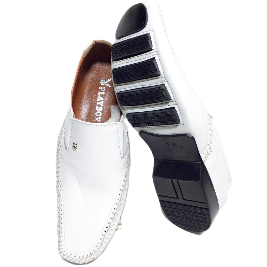 Sepatu Pantopel Pria Putih Formal Playboy Kulit Asli - Sepatu Pantofel Kantor Elegan Awet Sol Karet
