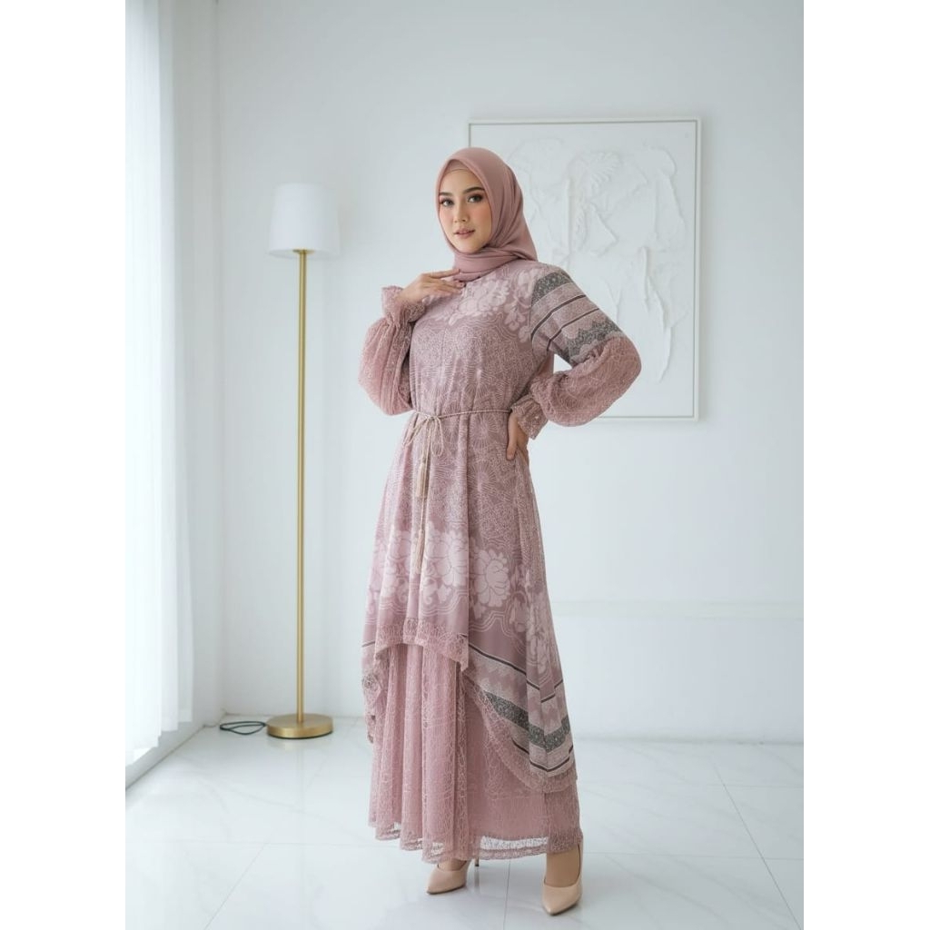 READY GAMIS AISYAH GAMIS BINI ORANG VIRAL TERSEDIA 4 WARNA CANTIK BAHAN CERUTY MIX SANTILY UKURAN AL