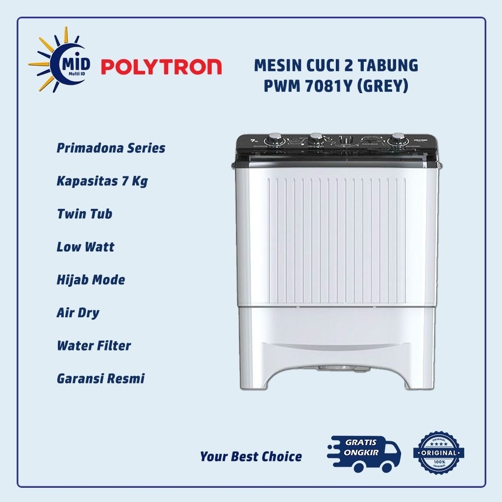 POLYTRON Mesin Cuci 2 Tabung Primadona Giant Series Hijab 7 Kg | 8 Kg | PWM 7081 | PWM 8081 | Mesin 
