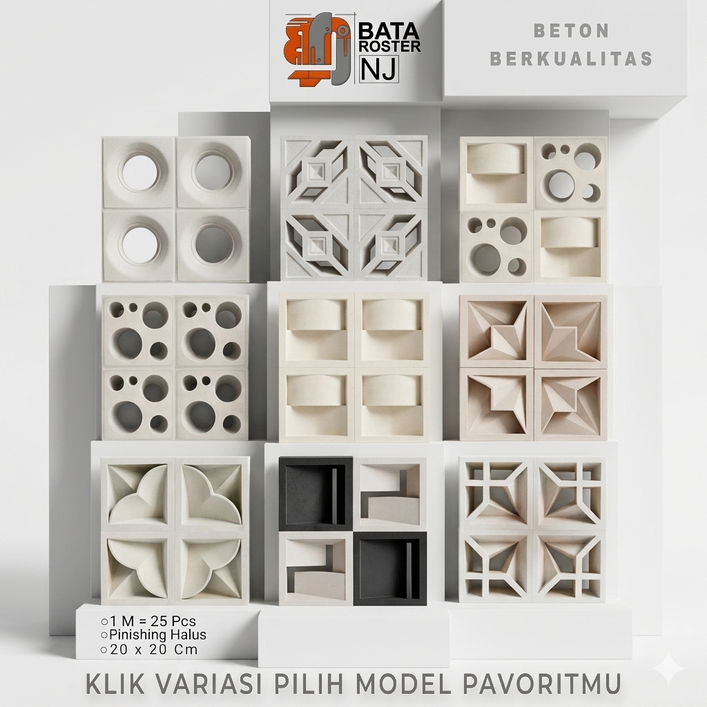 BATA ROSTER NJ - Roster Beton Minimalis - Model Lengkap, Ukuran 20 x 20 | Loster Putih | Ventilasi U