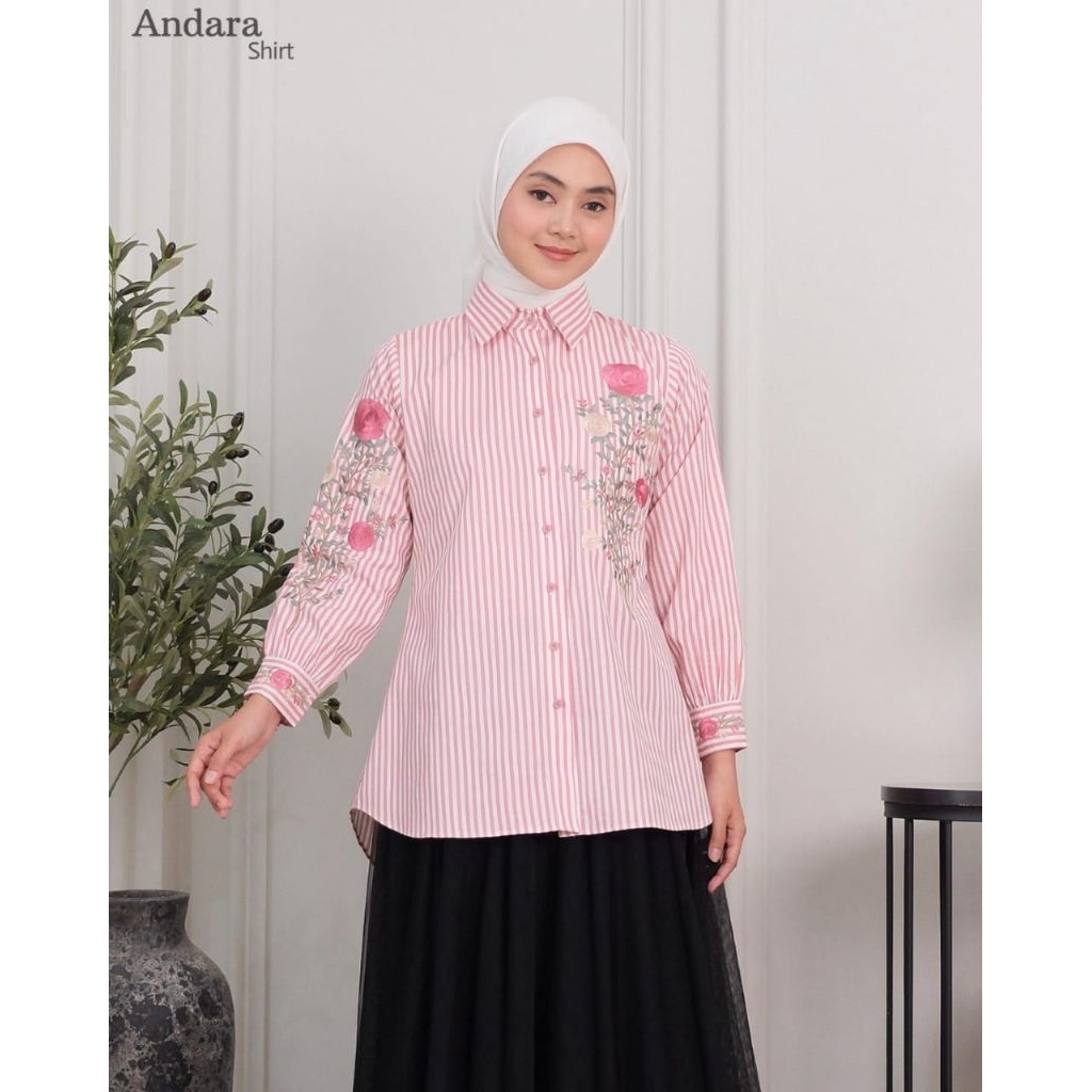 Kemeja Andara Salur Bordir Premium Katun Jepang Import | Atasan Wanita Premium | Kemeja Salur
