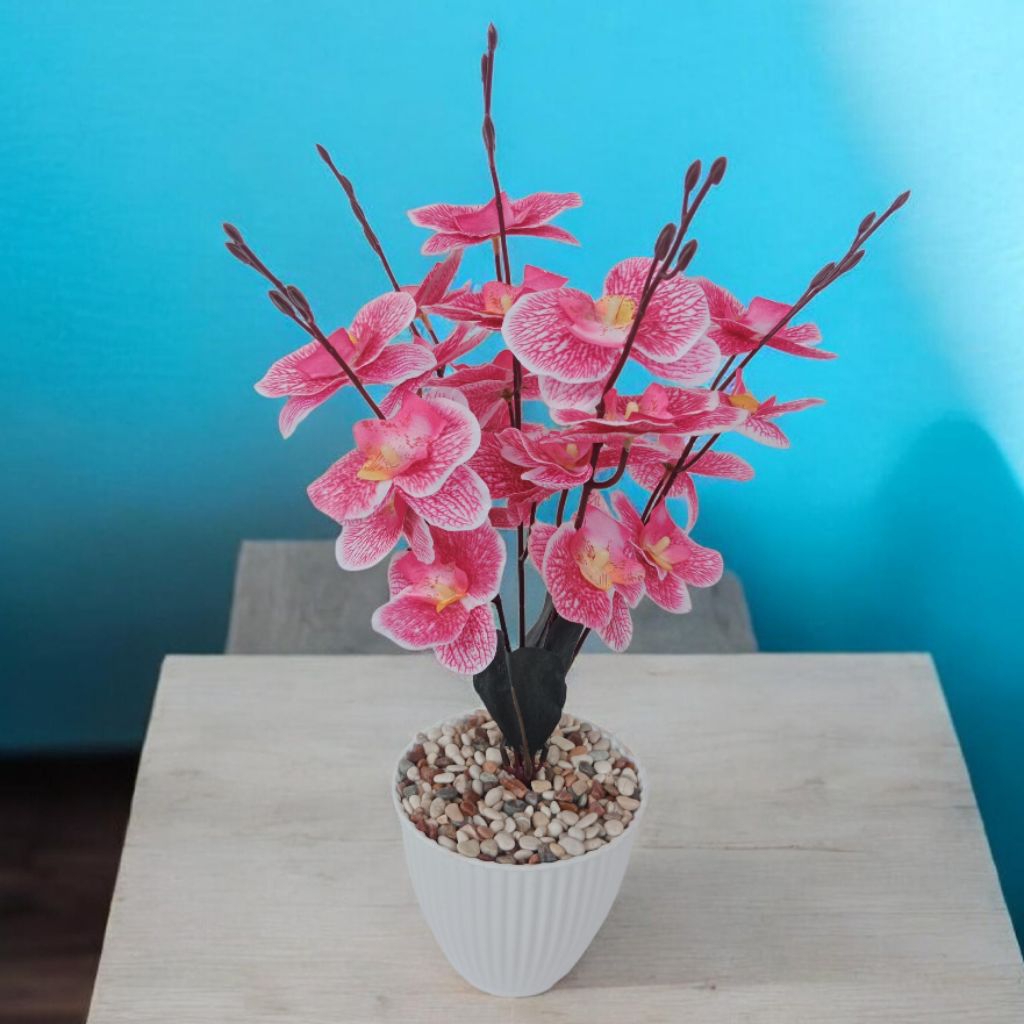 Bunga Anggrek cabang 5 artificial sudah set pot besar/bunga plastik hias/bunga hias pot/tanaman hias