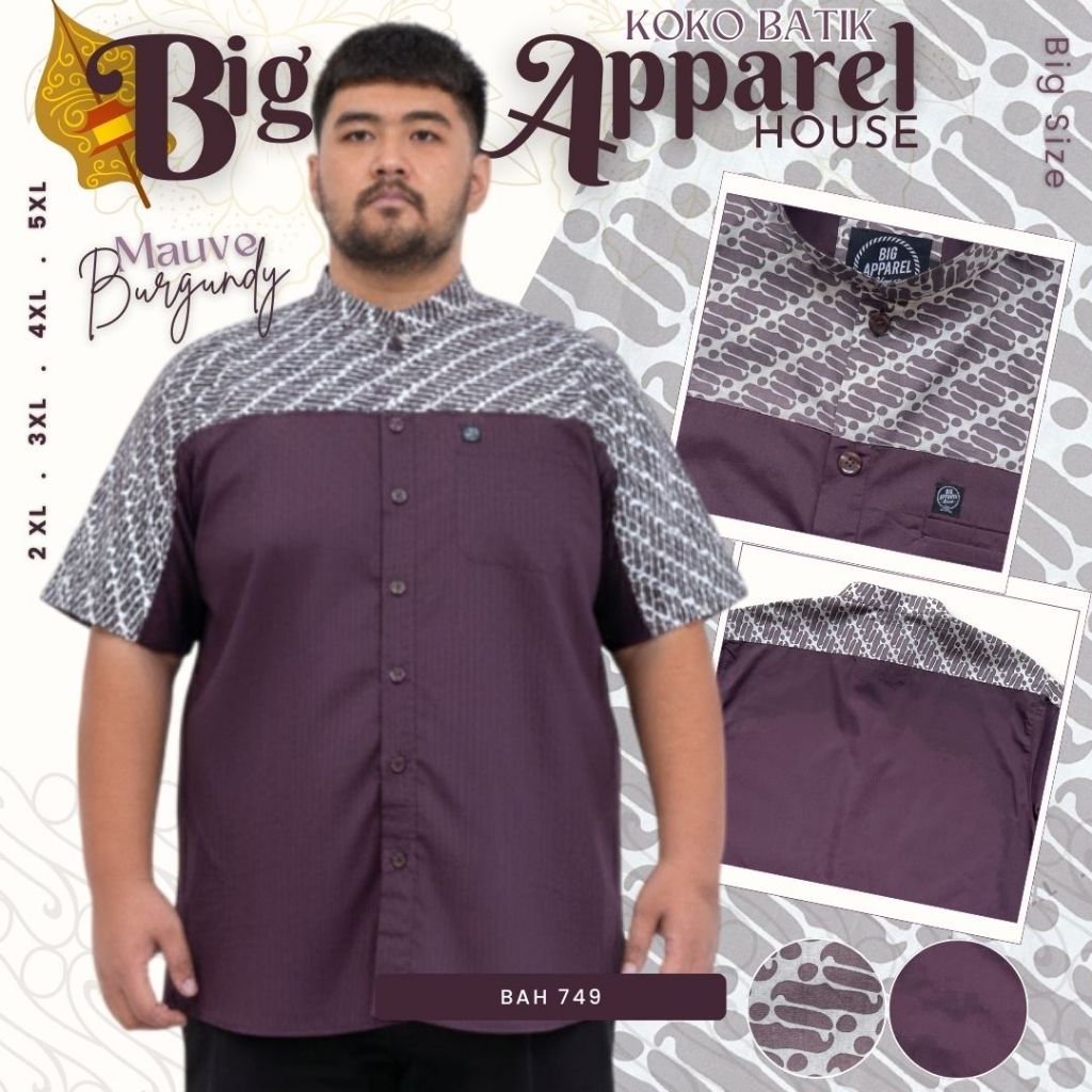 BAH 749 | Kemeja Koko Kombinasi Batik Jumbo Pria Big Size | Batik Modern Parang geometris silang Mau