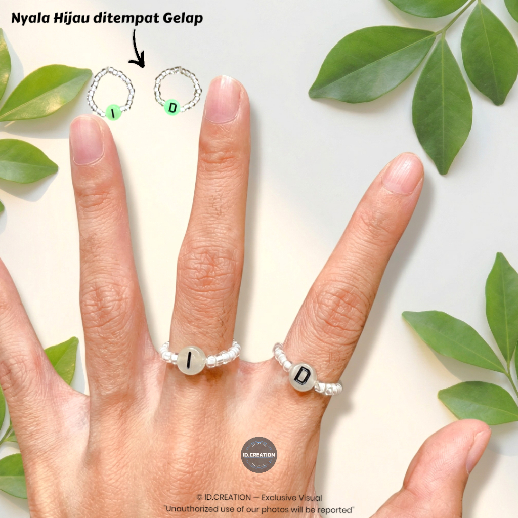 Cincin Manik Inisial Huruf Glow In The Dark Bead Ring Gaya Korea
