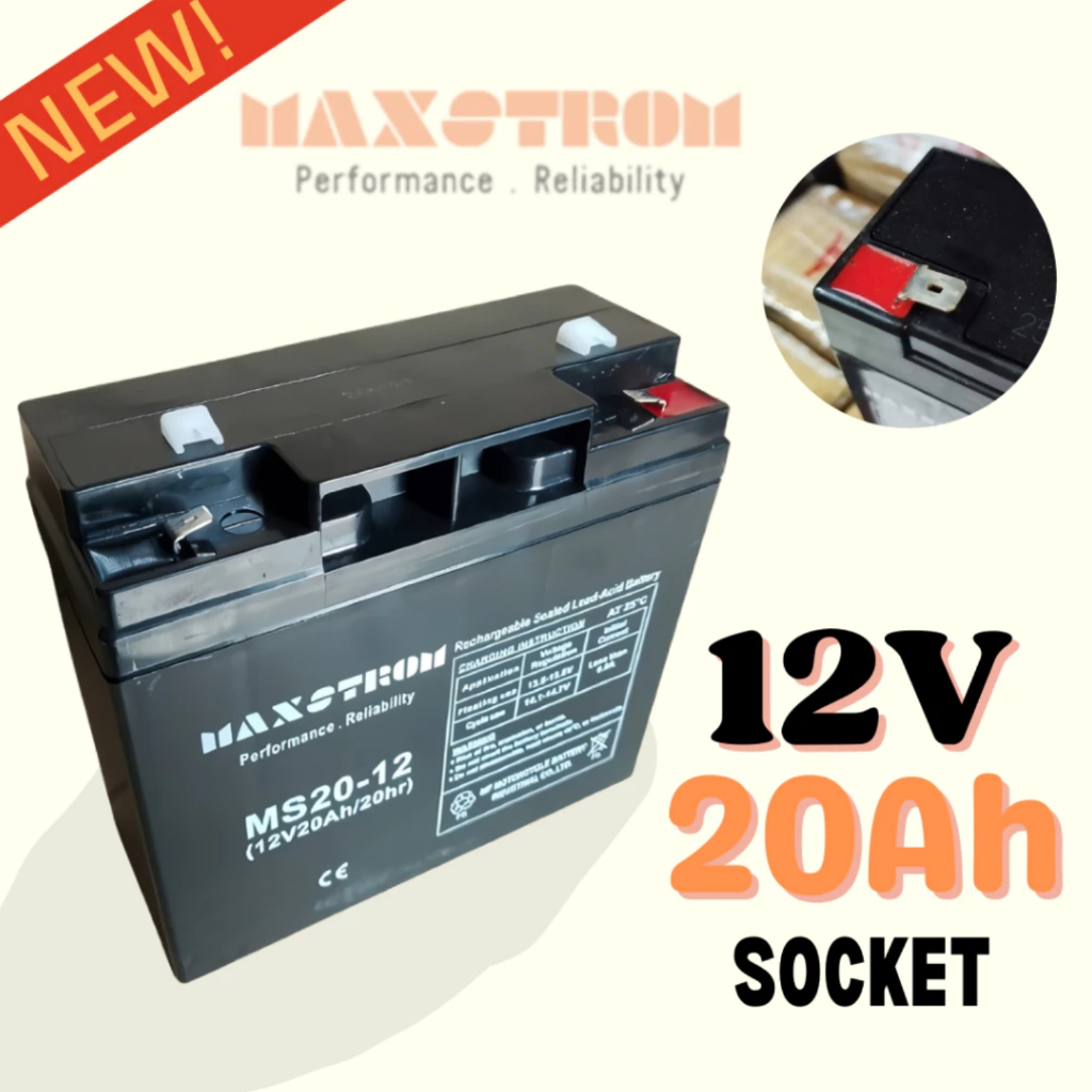 Aki Maxstrom Aki Kering Sepeda Listrik VRLA 12V 20AH SOCKET