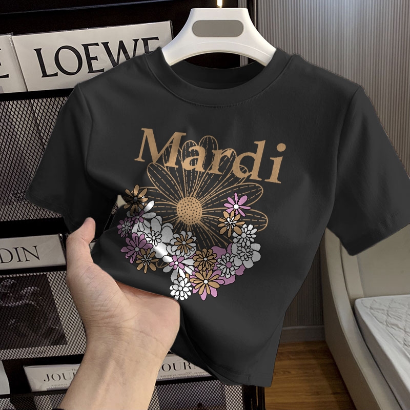 Misco Kaos Crop Top Wanita | Kaos Wanita Hitam Lengan Pendek Motif Bunga Mardi Elegan Kasual | Bunga