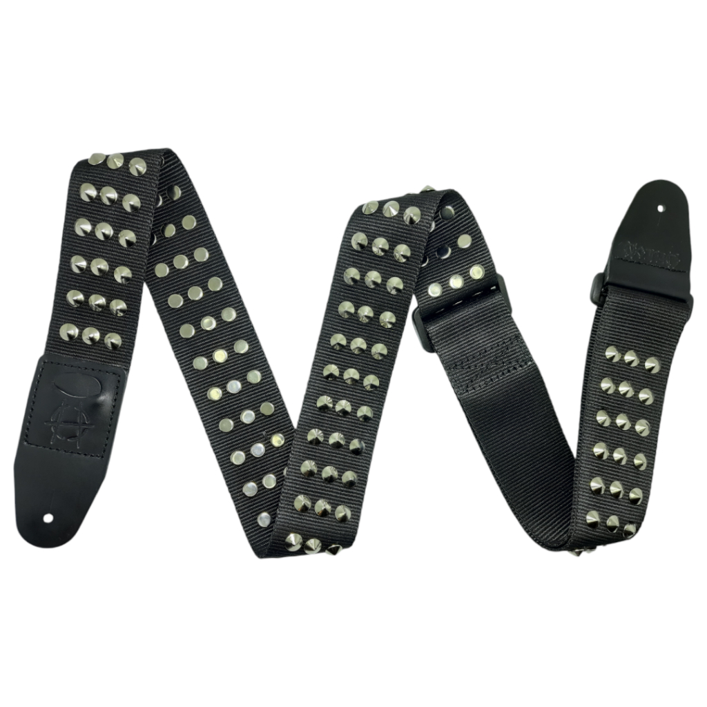 Strap gitar/bass spike krucut chrome 3baris bahan webbing+kulit asli