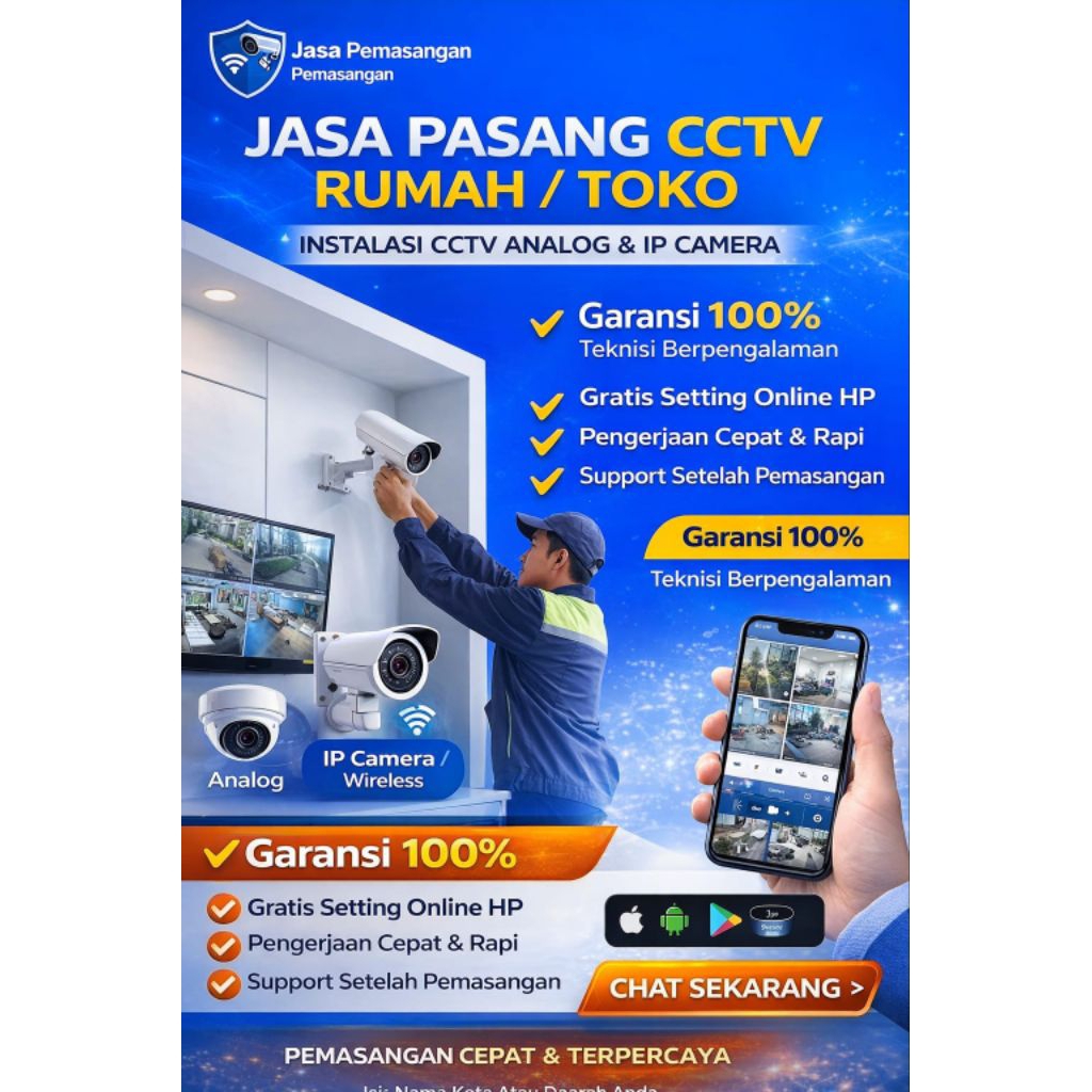 Jasa Pasang CCTV Rumah / Toko | Instalasi CCTV Analog & IP Camera | Setting Online HP Android iOS