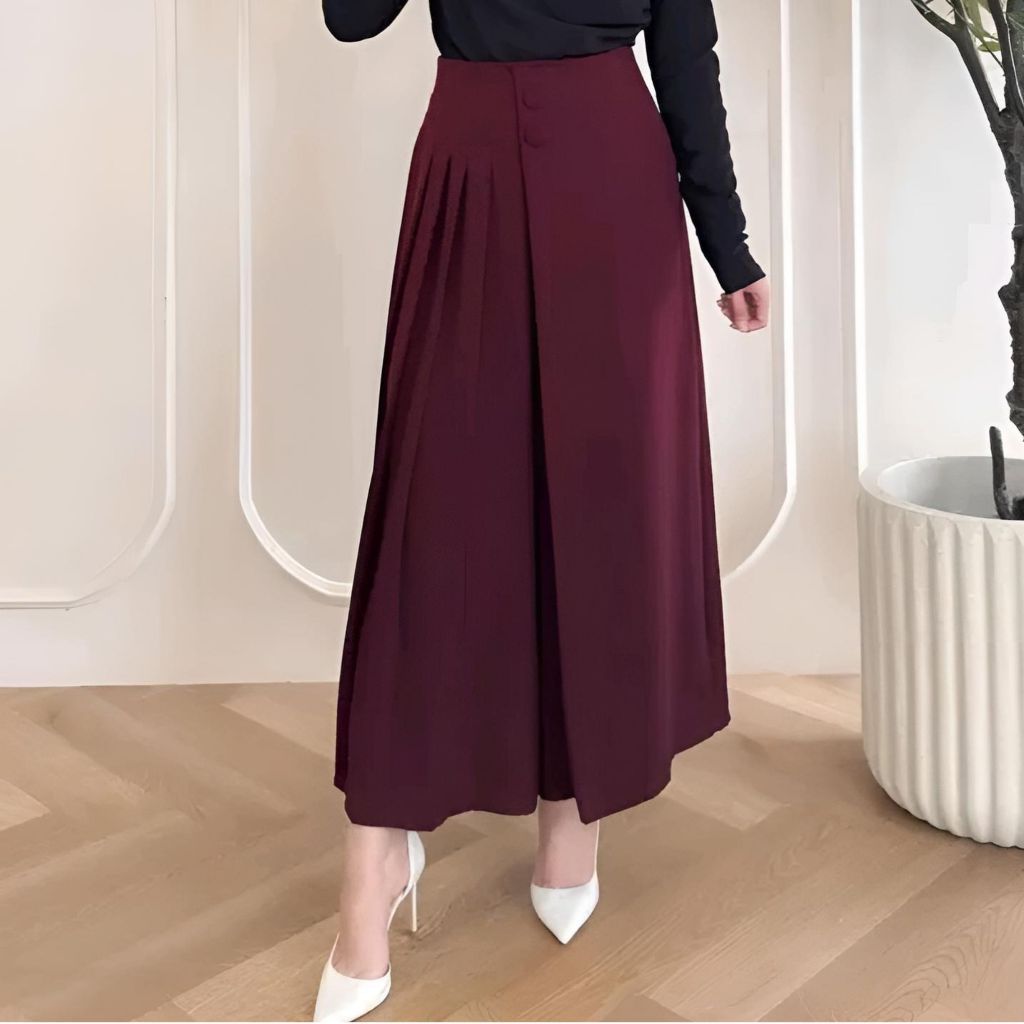 Celana Rok Kulot Wanita Husna Highwaist Polos dengan Kancing 2