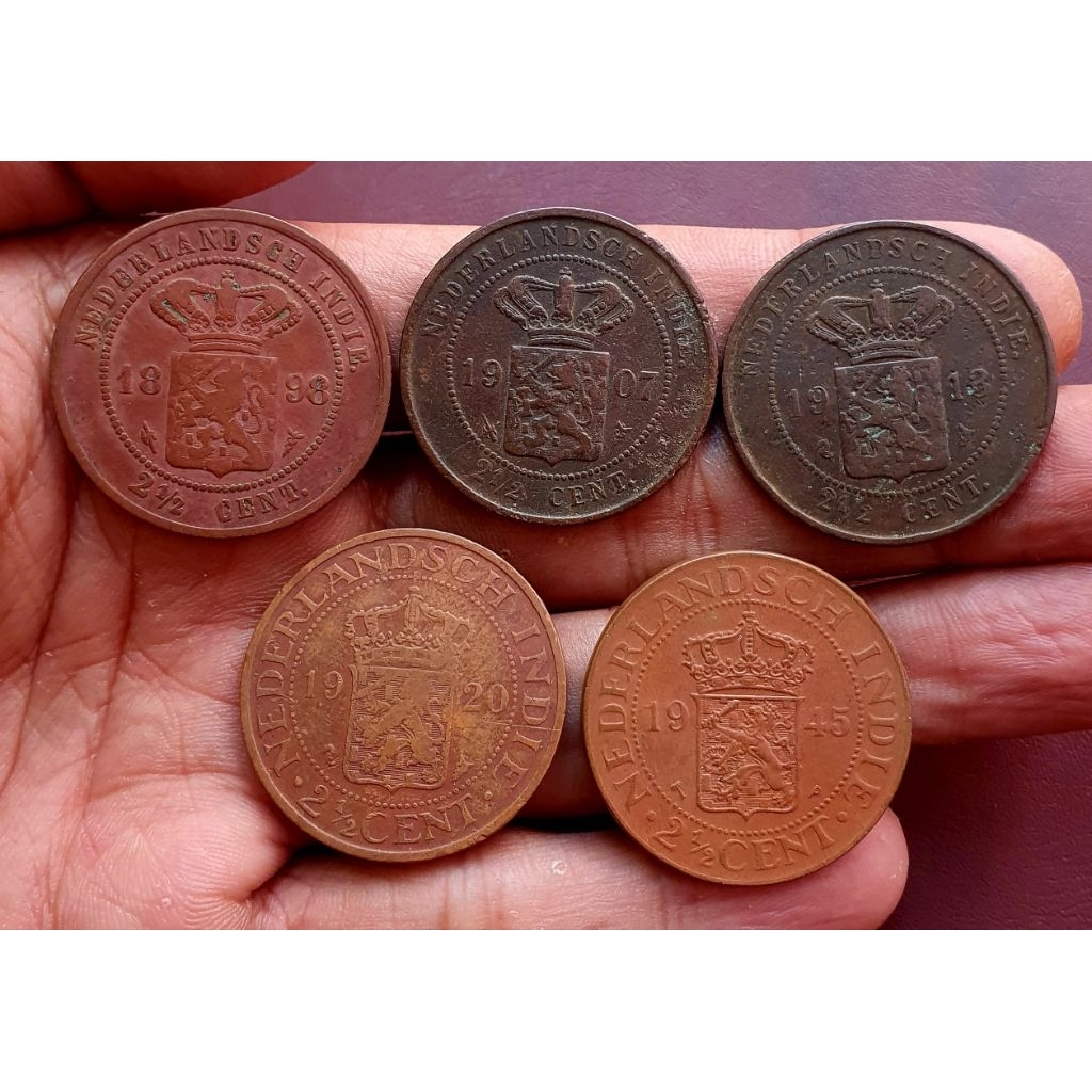5 Keping Set tahun Koin 2 1/2 Cent 1898, 1907. 1913, 1920 & 1945 Wilhelmina Queen Ned.Indie