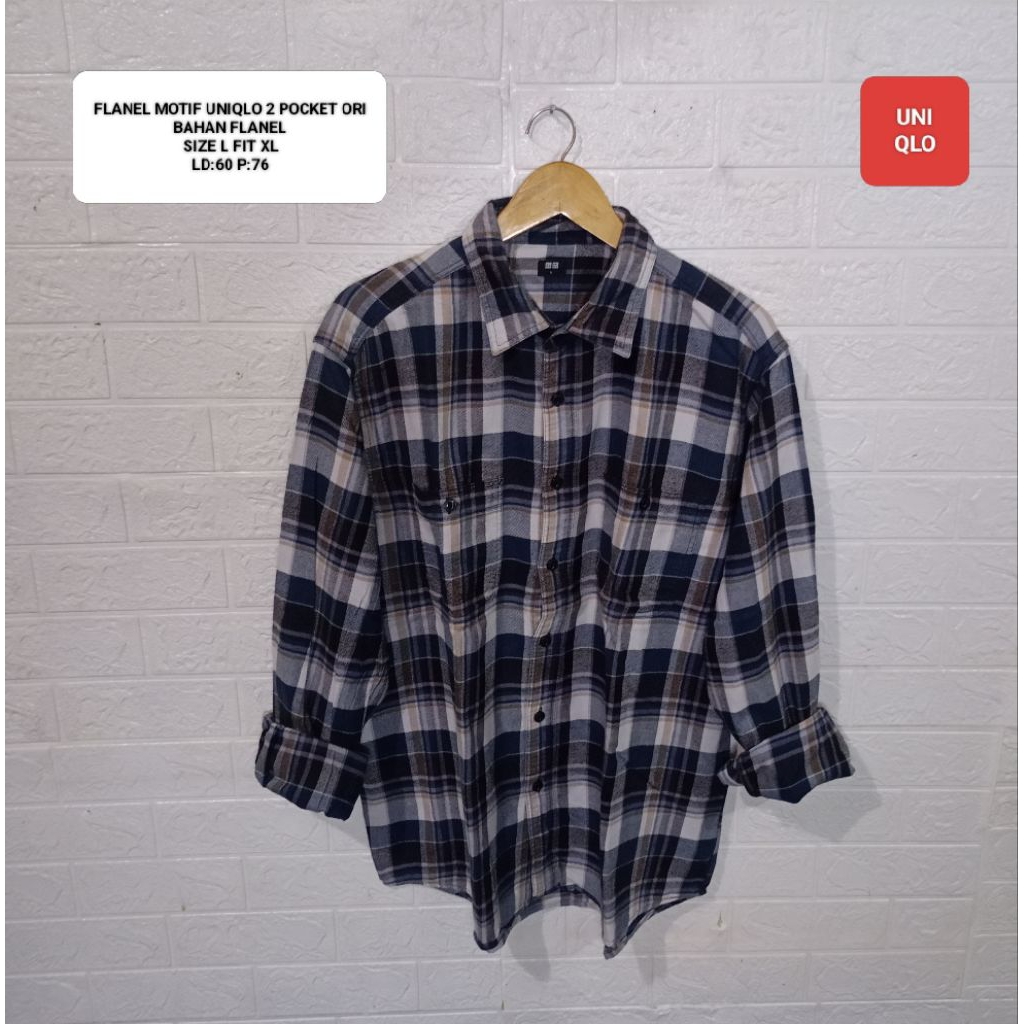 KEMEJA FLANNEL MOTIF 2 POCKET UNIQLO ORI SIZE L FIT XL
