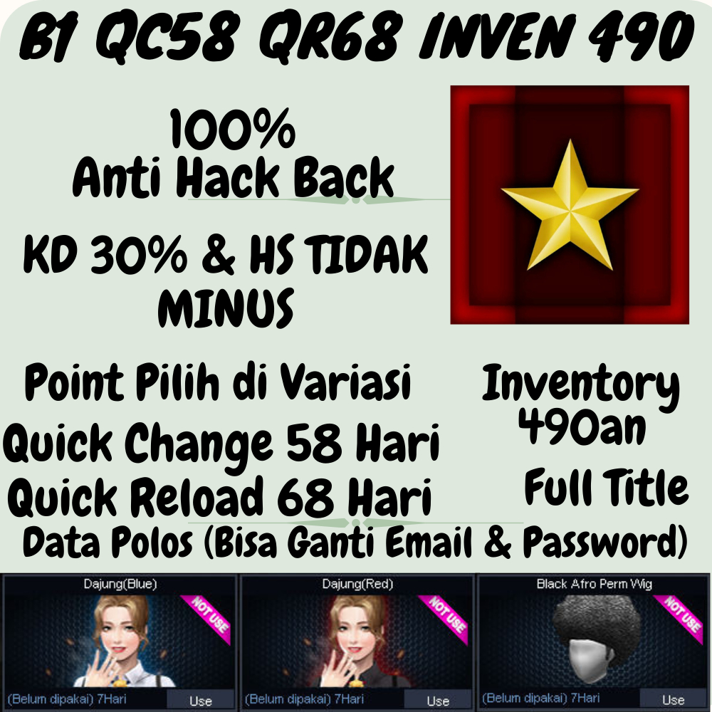 BINTANG 1 B1 QC58 QR61 INVEN 490/Game PC/Akun Brigadir Char/Akun Game PB/Game Poin Blank Zepetto