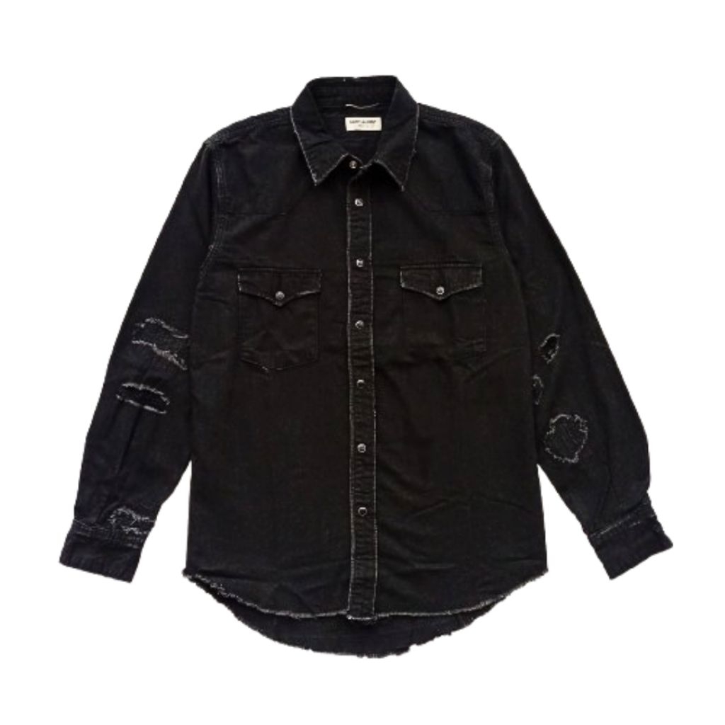 Longshirt / Kemeja Saint Laurent Disressed Denim Wastern Black Shirt Men Women Outer