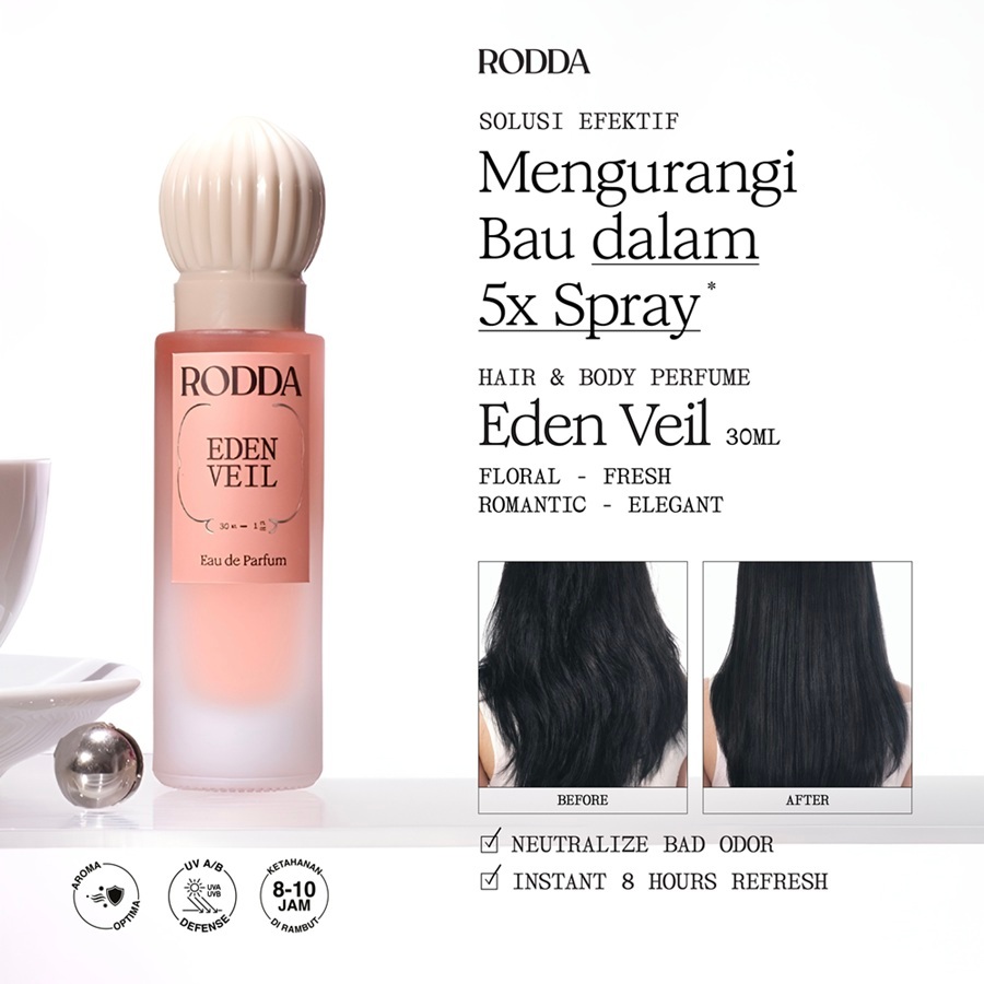 RODDA Eden Veil Eau De Perfume 30ml - Parfum Rambut & Badan Spray untuk Melembabkan Rambut Kering, Pewangi rambut, Wangi Tahan Lama, Fresh Floral, Notes Tuberose, Mango, Musk
