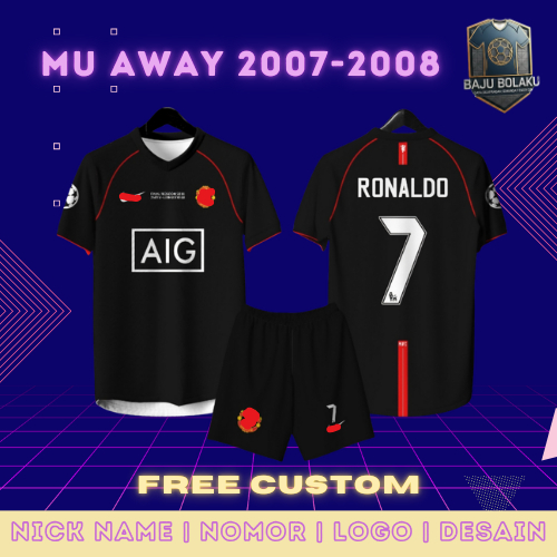 Jersey Sepak Bola Custom MU Away 2007-2008 Pendek Free Custom Nama, Nomor, Logo Dryfit Premium