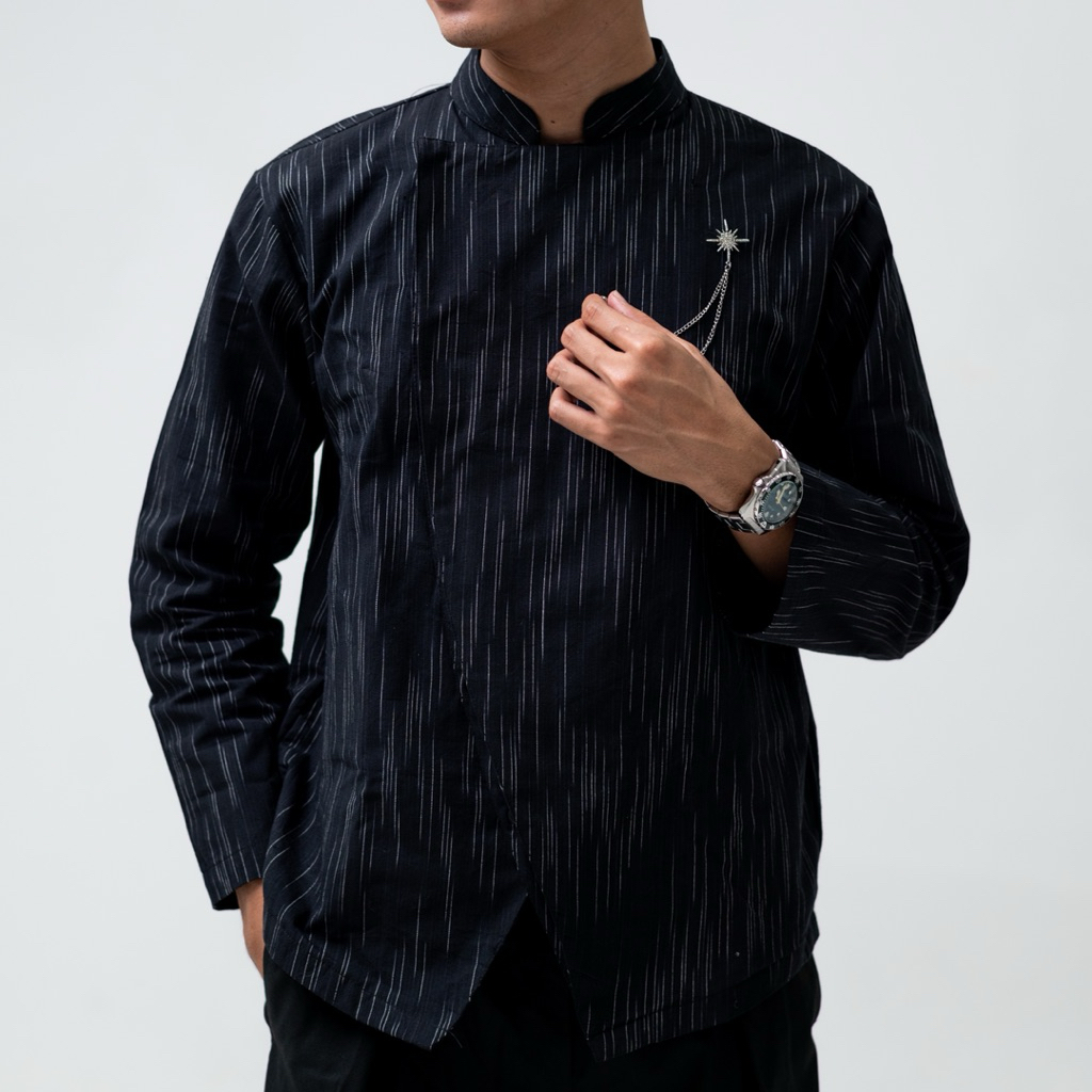 Kemeja Batik Lurik Hitam Pria Lengan Panjang Beskap Modern Formal Casual