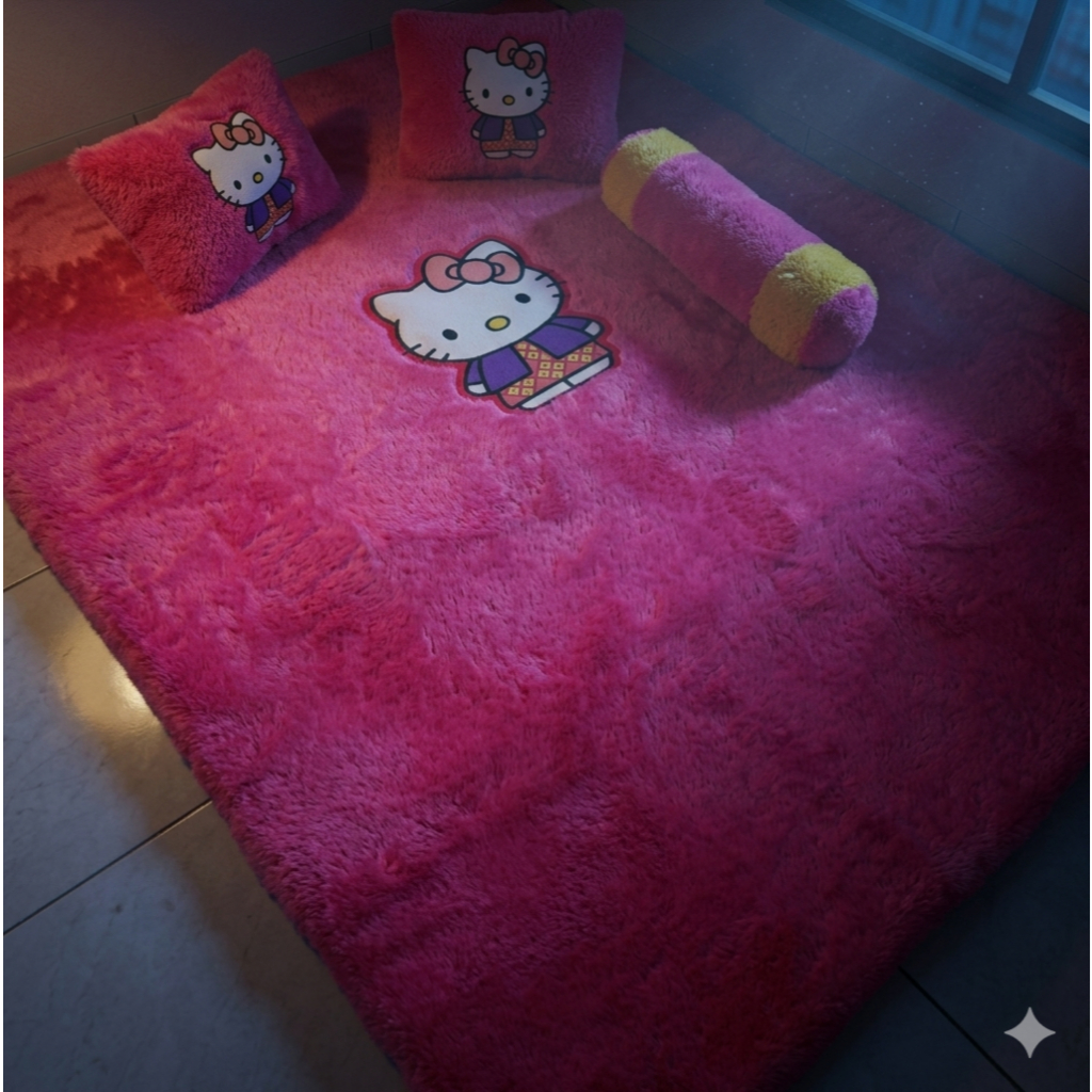 Karpet Bulu Pink Karakter Hello Kitty Set Lengkap Dengan Bantal Dan Bantal Roll