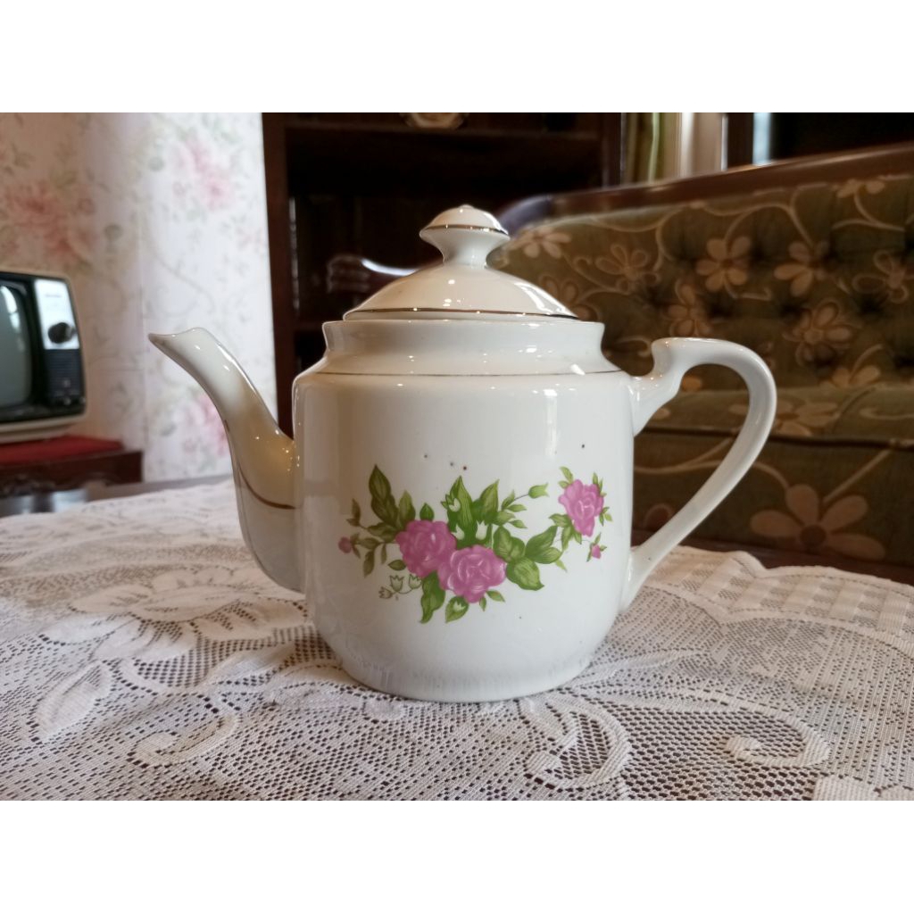 Teko Keramik Jadul Antik Motif Gambar Bunga Vintage Lawas Tua Kuno