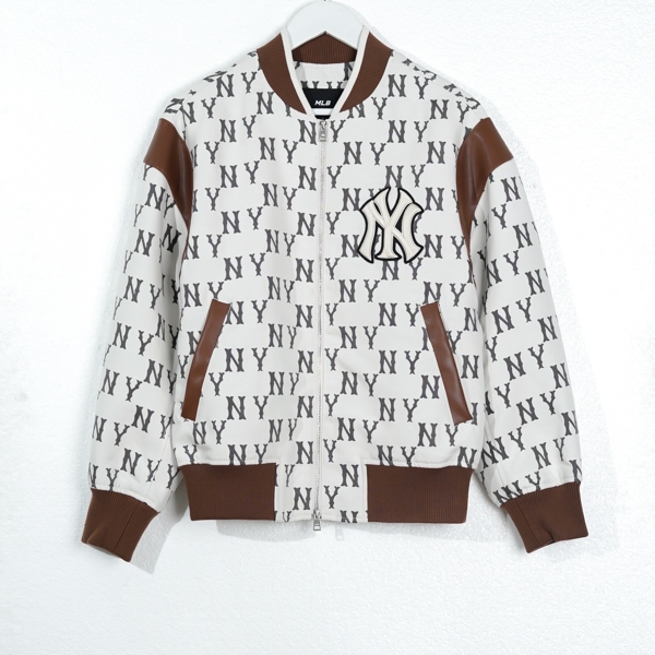 Jaket MLB NY MONOGRAM BLACK WHITE PANEL BROWN ZIP BOMBER JACKET 100% ORIGINAL