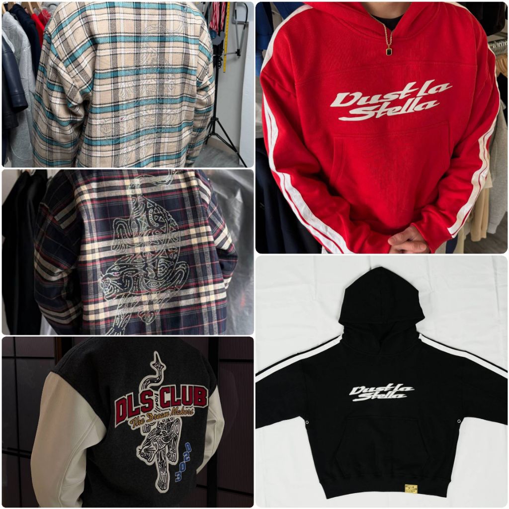 DLS CLUB 2026 • Stripe Hoodie Black • Signature Knit Long Sleeve - Red on Red • Rhinestone Flannel S