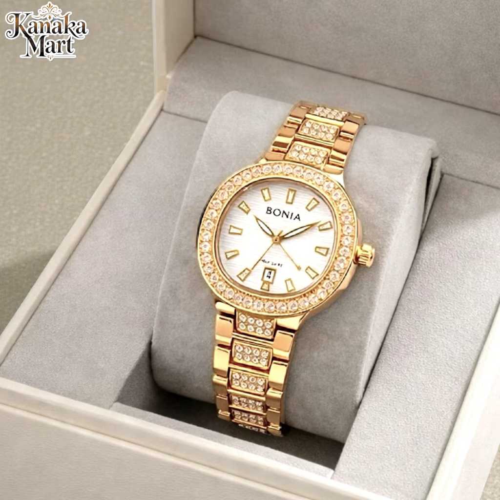 Jam Tangan Wanita Bonia Kotak Rantai Permata Stainless Steel Quartz 36mm Putih Hitam