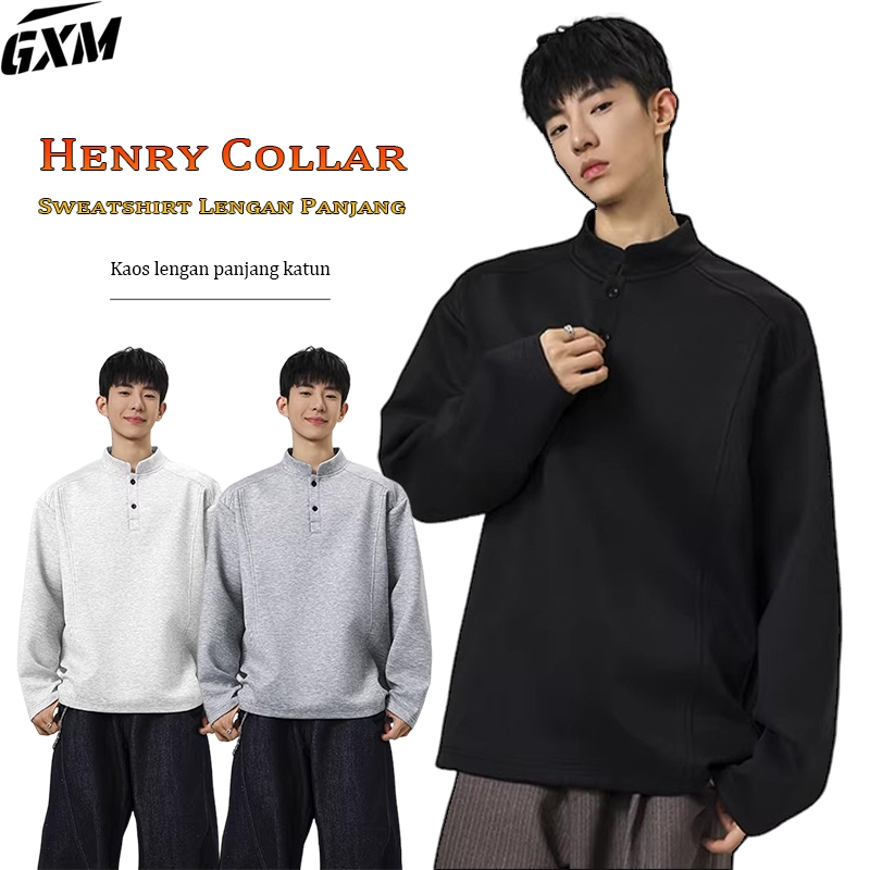 Atasan kasual lengan panjang pria, kaos lengan panjang berkerah henley, kemeja lengan panjang berkan