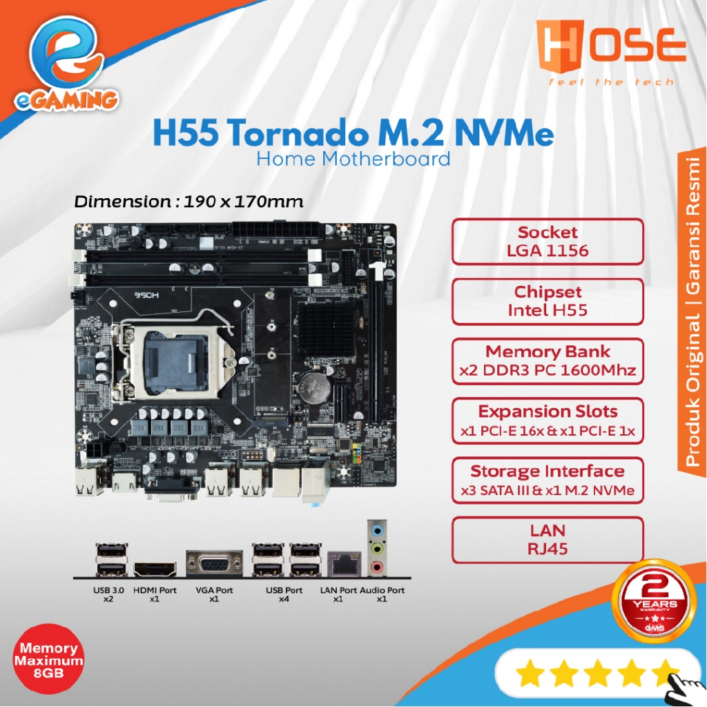 Hose Tornado H55 LGA 1156 Motherboard Intel H55 M.2 NVMe Dengan Garansi Resmi 2 Tahun & Kompatibel d