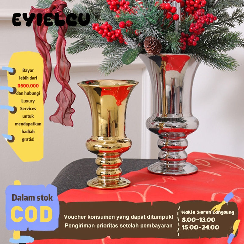 Eyre Vas Keramik Kaki Tinggi Antik Warna Emas – Estetik High-End untuk Hiasan Meja Ruang Tamu, Cocok