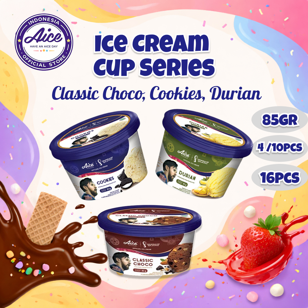 Aice Ice Cream Cup 85 gram/ Es Krim Cup rasa Classic Choco & Cookies dan Durian